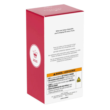 Star Wars™: The Mandalorian™ Grogu™ Operating IG-12™ Ornament With Sound — 2025 Hallmark Keepsake Christmas Ornament packaging detail showing battery information and warning labels.