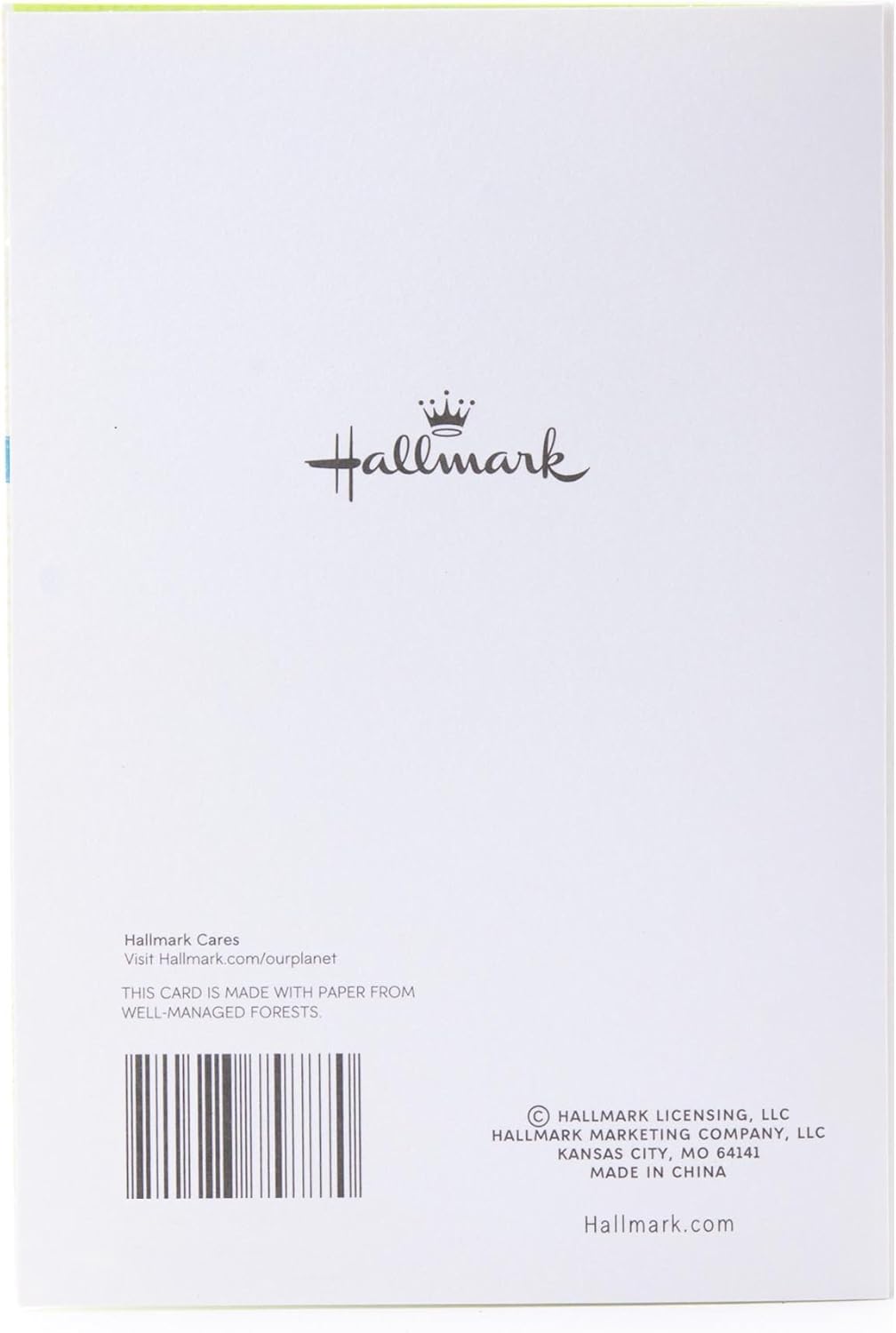 Hallmark 30th birthday greeting card (Stripes and Dots) back view, featuring eco-friendly paper details and logo.