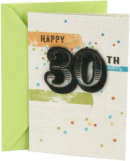 Hallmark 30th Birthday Greeting Card (Stripes and Dots) featuring a colourful design with 30 embellishments and a green envelope.