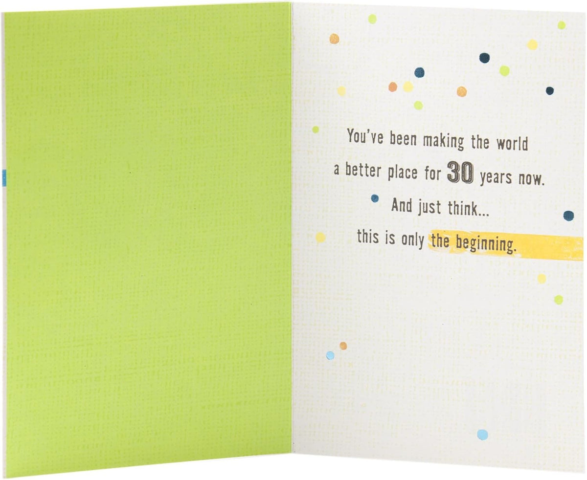 Hallmark 30th Birthday Greeting Card (Stripes and Dots) featuring inside message on a colourful background, open view.