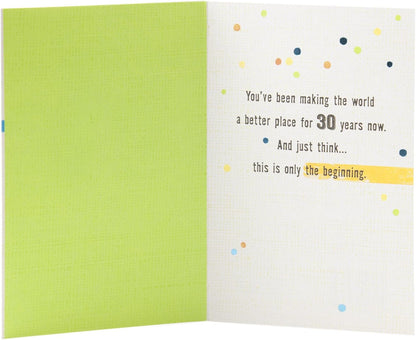 Hallmark 30th Birthday Greeting Card (Stripes and Dots) featuring inside message on a colourful background, open view.