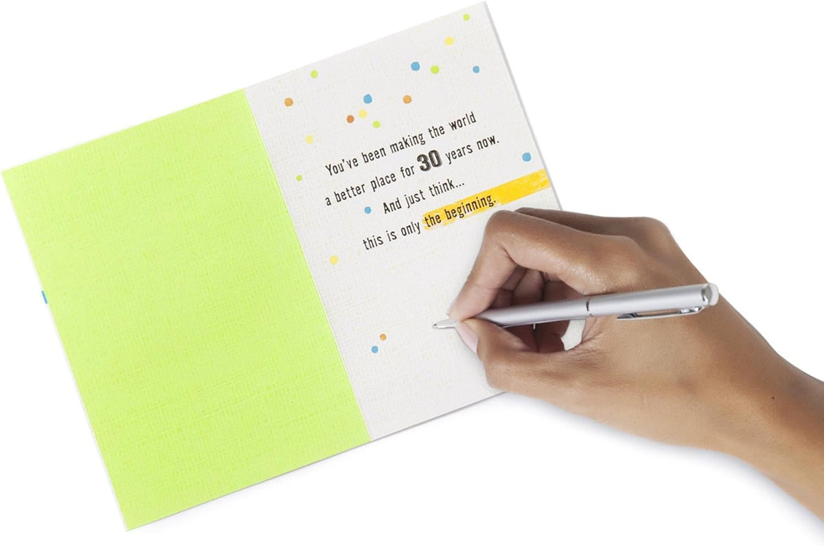 Hallmark 30th Birthday Greeting Card (Stripes and Dots) shown open with handwritten message inside, featuring colourful dots and bright green accents, 5 x 7.2 inches.