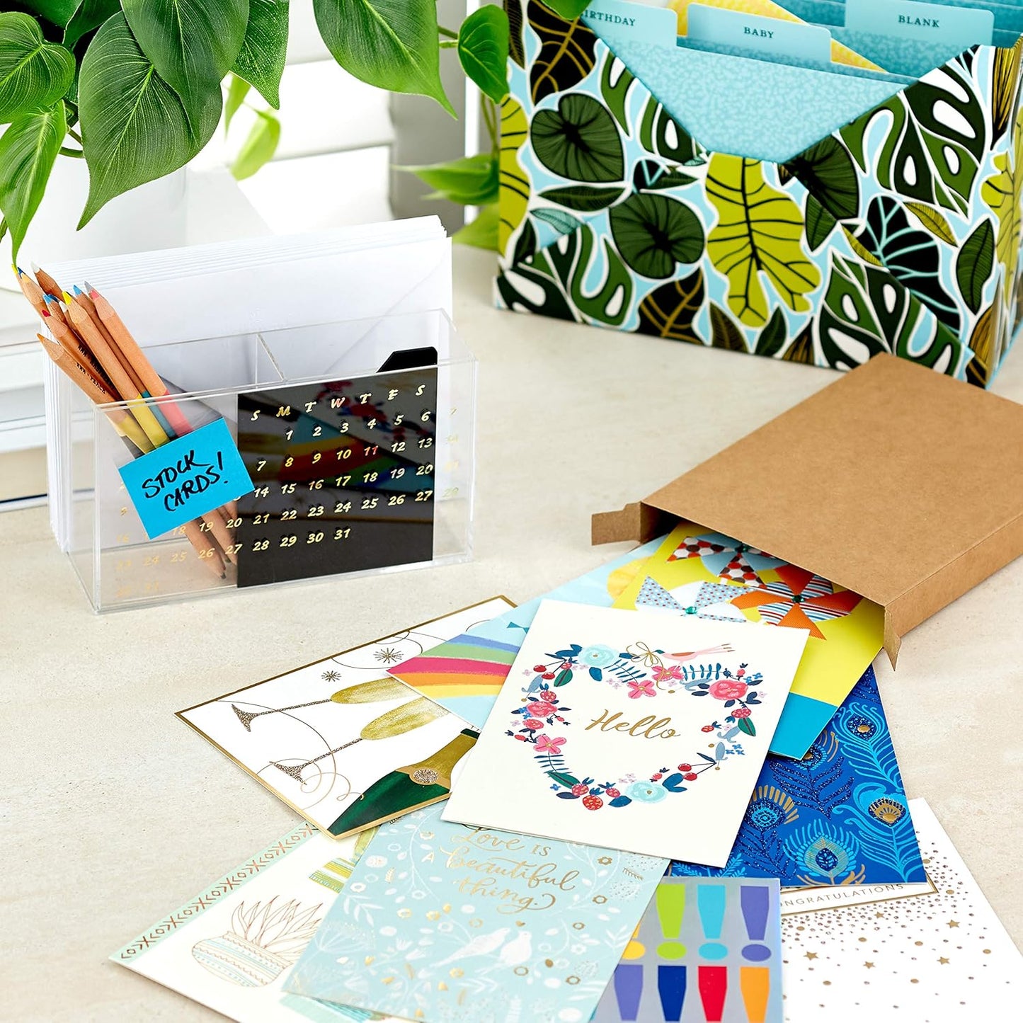Hallmark All Occasion Cards Assortment Birthday, Congratulations, Blank Cards arranged in a flat lay with colourful designs and stationery.