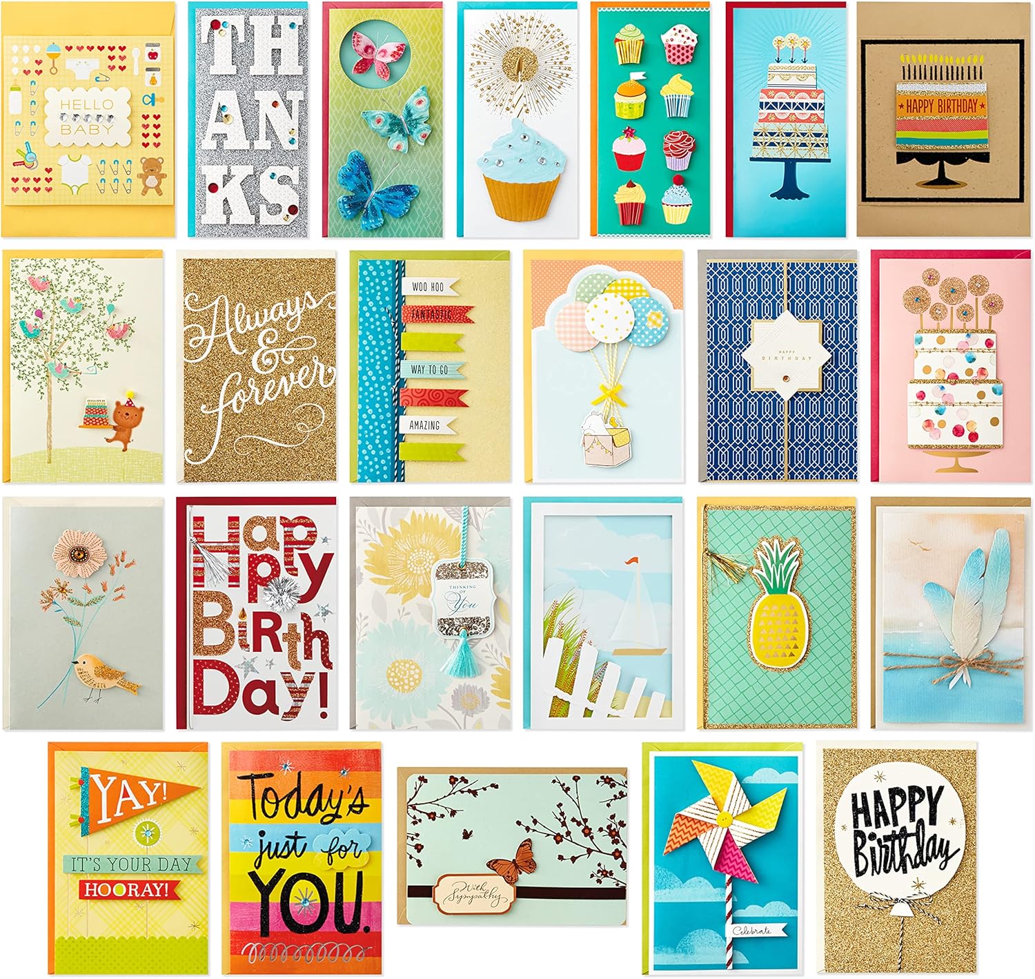 Hallmark All Occasion Handmade Boxed Set of Assorted Greeting Cards with Card Organizer (Pack of 24) featuring vibrant designs and embellishments in a flat lay arrangement.