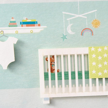 Hallmark Paper Wonder Pop Up Baby Shower Card (Sweet Dream Come True) with nursery scene, featuring a crib, teddy bear and paper onesie