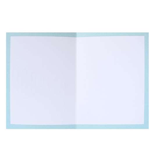 Hallmark Colossal Birthday Greeting Card - Gold & Bold, inside view, blank pages with light blue border for personal messages.