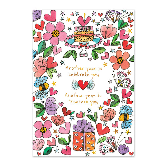 Colorful birthday card with flowers, hearts, and a cake on a white background