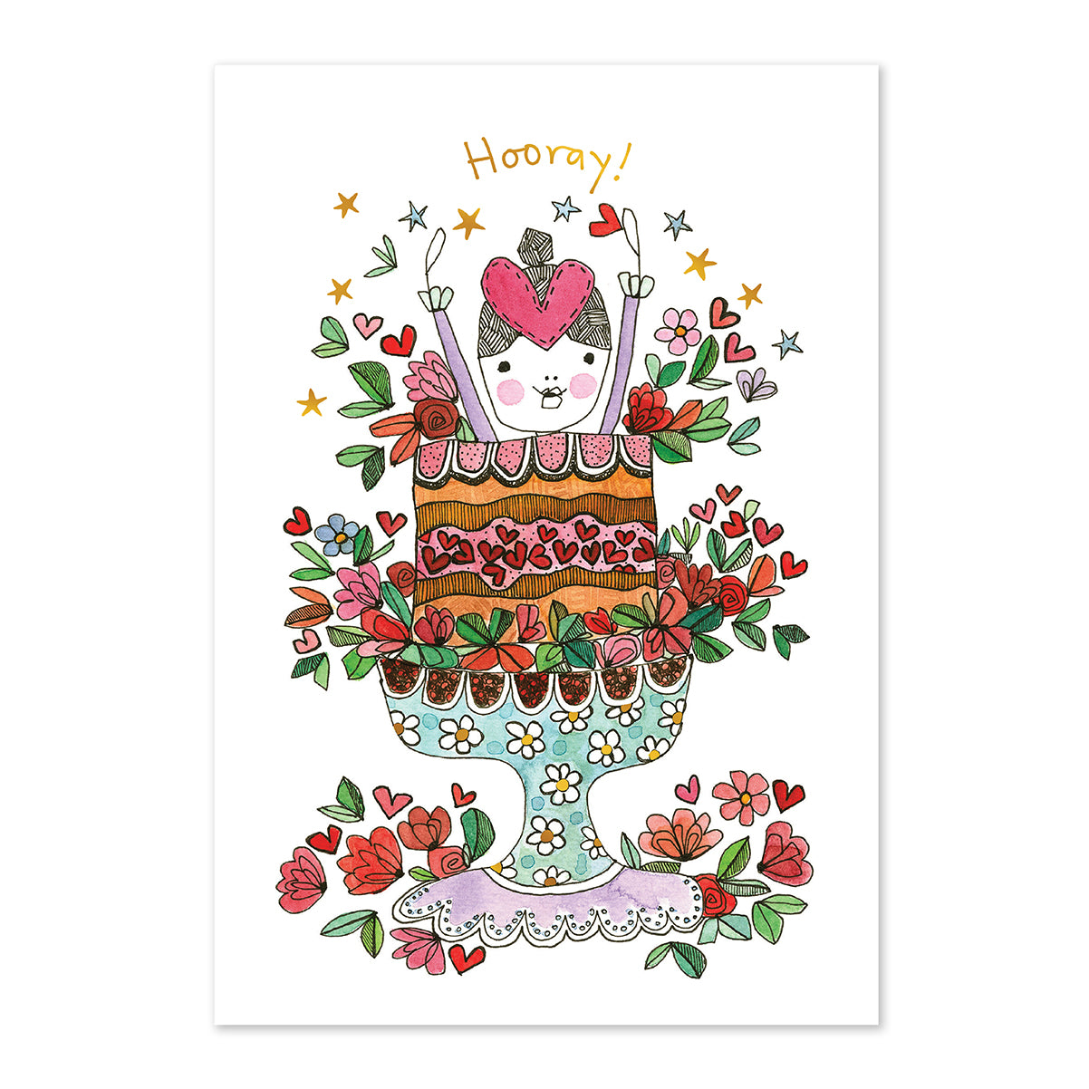 Hallmark x Love, Meredith Birthday Greeting Card - Hooray! featuring a girl jumping out of a decorated cake surrounded by flowers and stars.