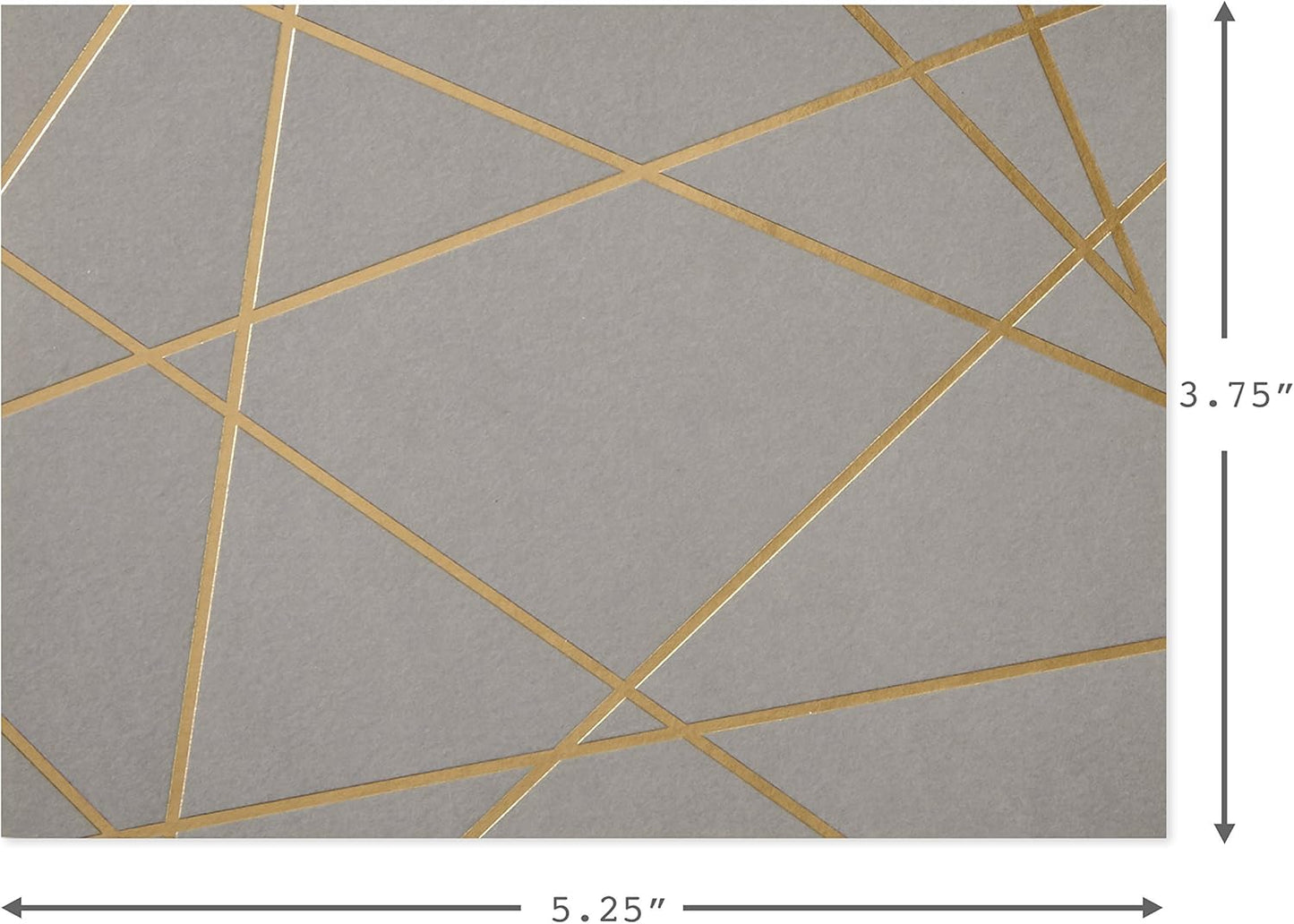 Hallmark Blank Cards, Gold Foil Lines in grey with gold foil abstract lines, flat lay showing dimensions for each card.