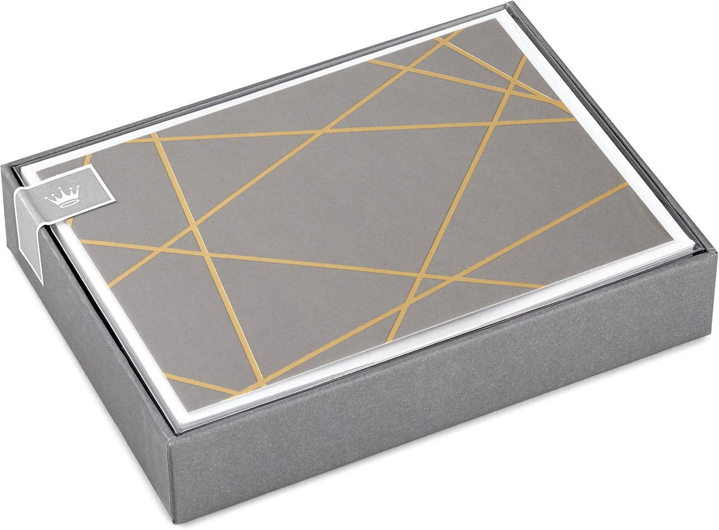 Hallmark Blank Cards, Gold Foil Lines (10 Cards with Envelopes) boxed set featuring abstract gold foil lines on a grey background.