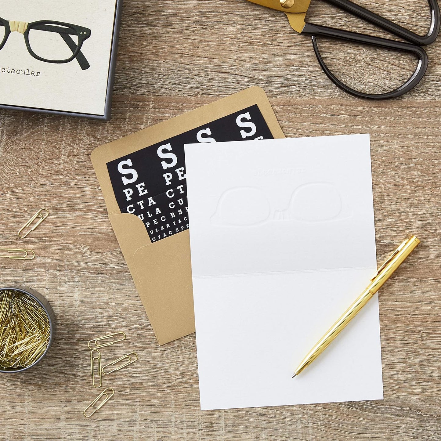 Hallmark Blank Cards, Spectacular (10 Cards with Envelopes) flat lay view with card, envelope, gold pen and stationery.