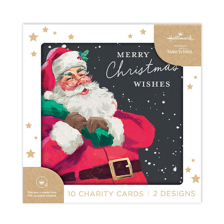 Hallmark Boxed Christmas Cards 10 Pack - Wonderful Moments featuring Santa Claus illustration with green scarf on textured background.