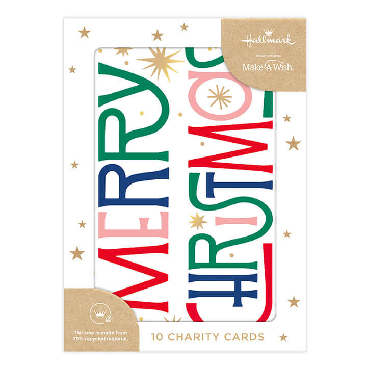 Hallmark Boxed Christmas Cards 10 Pack - Making Memories in a stylish charity card set featuring retro typography and gold foil on packaging.