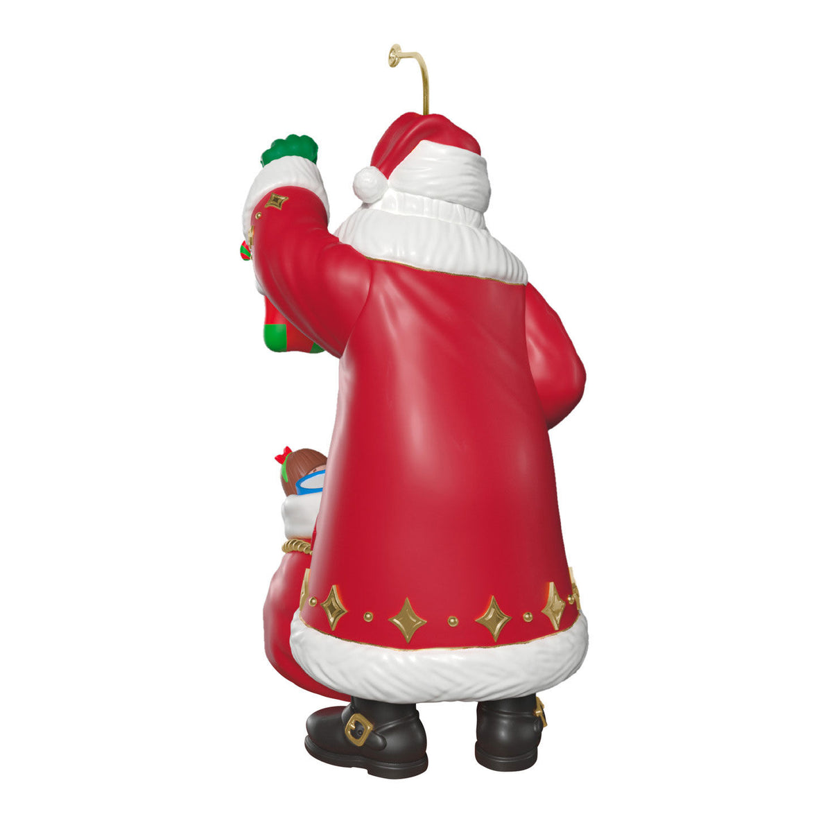 The Perfect Gift — Hallmark Keepsake Christmas Ornament featuring Santa in a vibrant red coat, angled view showcasing intricate detail.