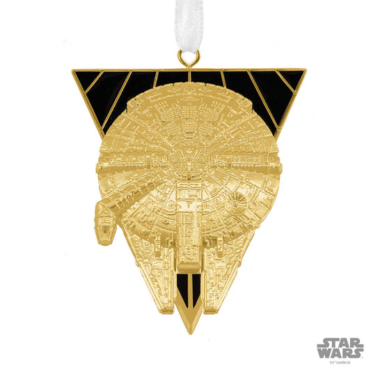 Hallmark Christmas Ornament (Star Wars™ Millennium Falcon Premium Metal) featuring shiny gold detail and black accents, hanging decoration.