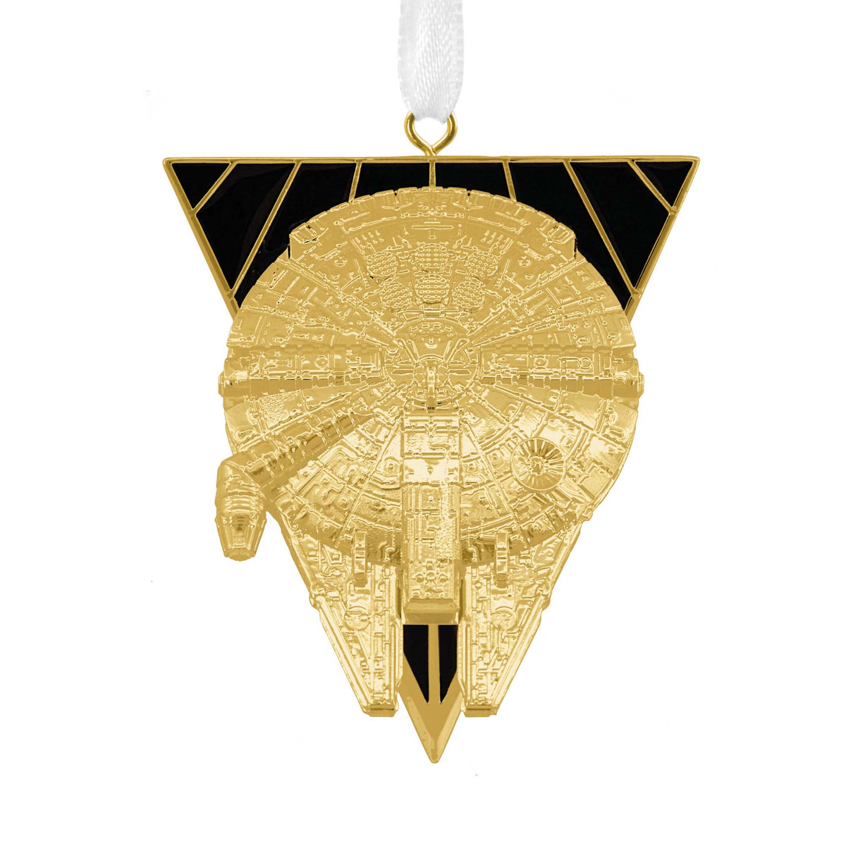 Hallmark Christmas ornament (Star Wars™ Millennium Falcon Premium Metal) with shiny gold finish and black accents, flat lay view.