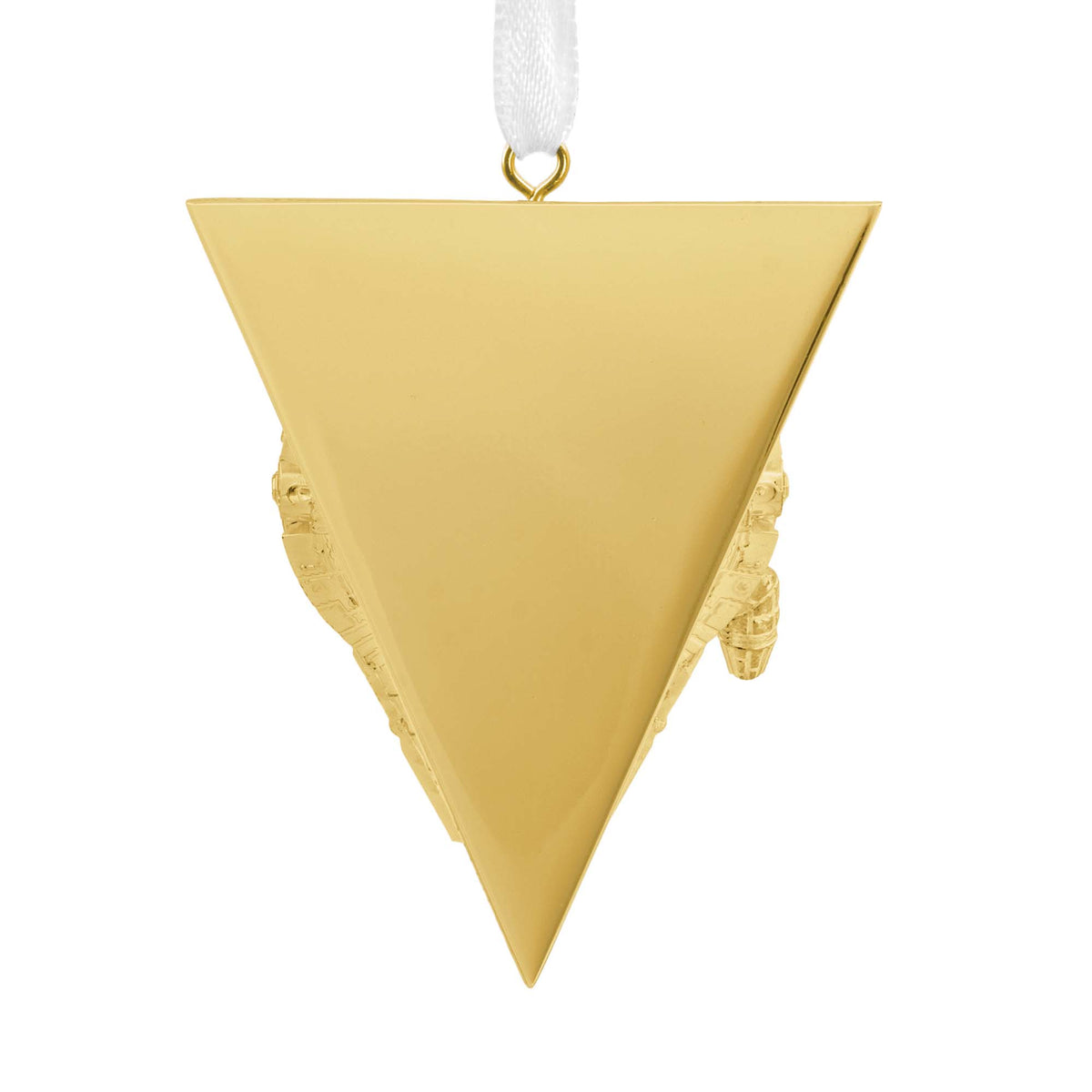 Hallmark Christmas Ornament (Star Wars™ Millennium Falcon Premium Metal) in shiny gold, triangular shape viewed from the front.