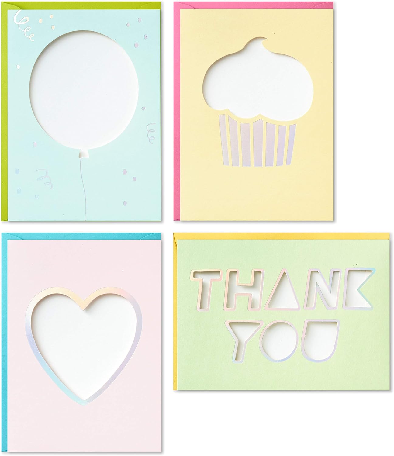 Hallmark Crayola Coloring Cards Assortment, 8 Cards with Envelopes and Markers featuring die-cut balloon, cupcake, heart, and "thank you" designs.