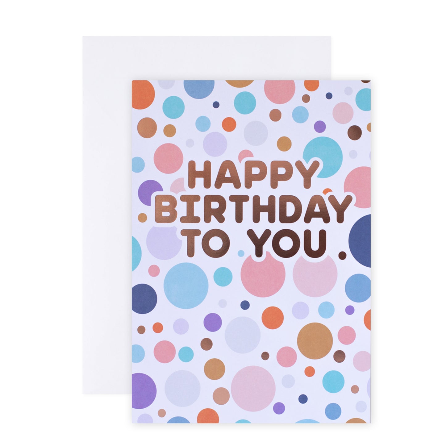 Hallmark Colossal Birthday Greeting Card - Colourful Spots featuring colourful spotted design and rose gold foil, flat lay with envelope.