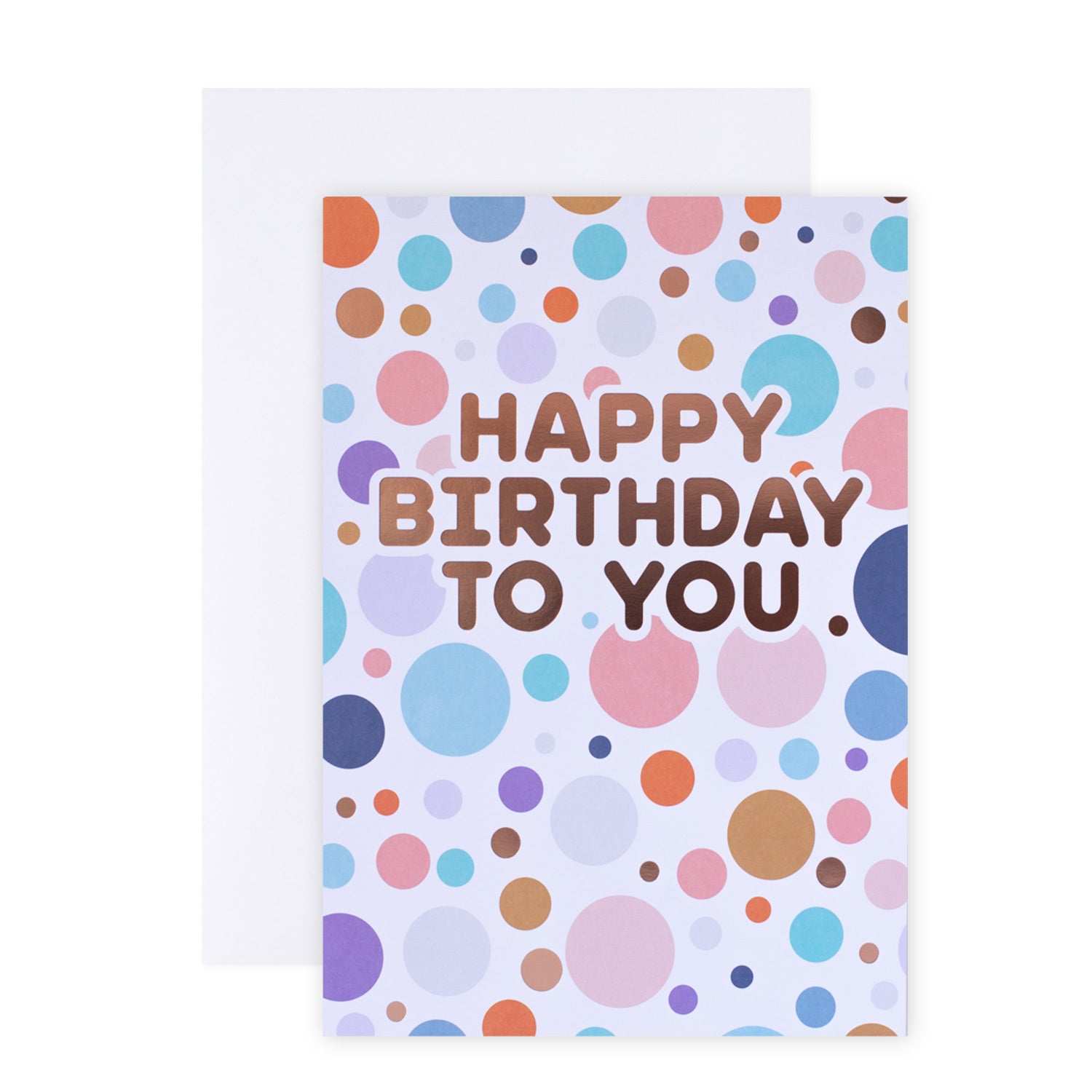 Hallmark Colossal Birthday Greeting Card - Colourful Spots featuring colourful spotted design and rose gold foil, flat lay with envelope.