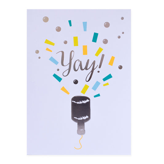 Hallmark Colossal Celebration Greeting Card - Party Popper features a party popper illustration with colourful confetti, displaying the word 'Yay!'. 