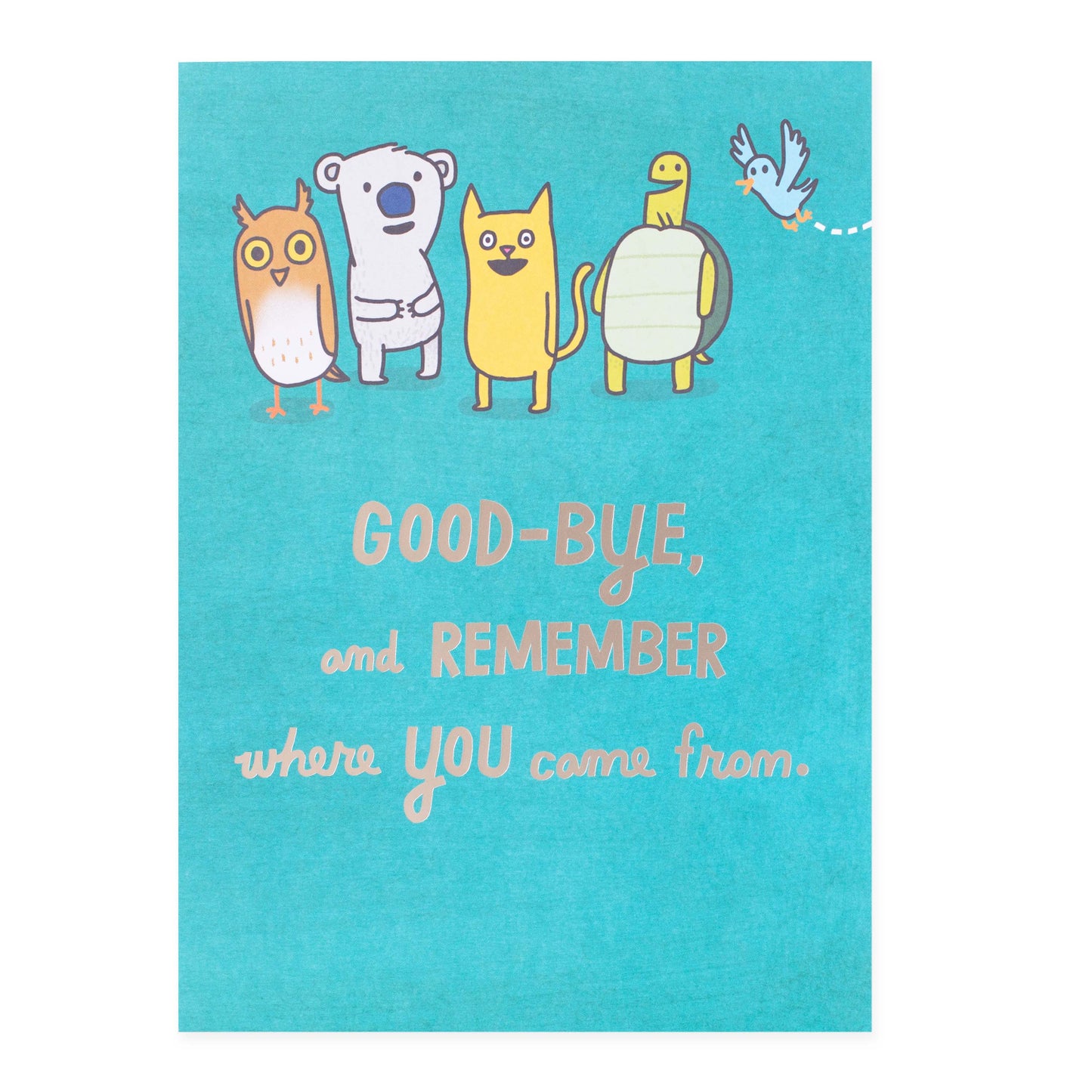 Hallmark colossal farewell greeting card - animal friends with illustrated animals and silver foil message on a vibrant blue background.