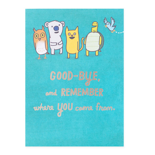 Hallmark colossal farewell greeting card - animal friends with illustrated animals and silver foil message on a vibrant blue background.