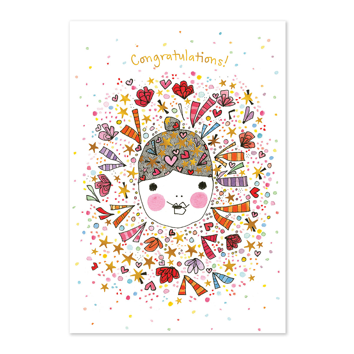 Colorful illustration of a character with decorative elements and 'Congratulations!' text on a white background