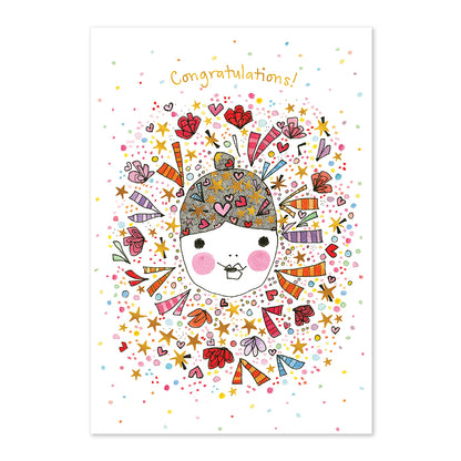 Colorful illustration of a character with decorative elements and 'Congratulations!' text on a white background