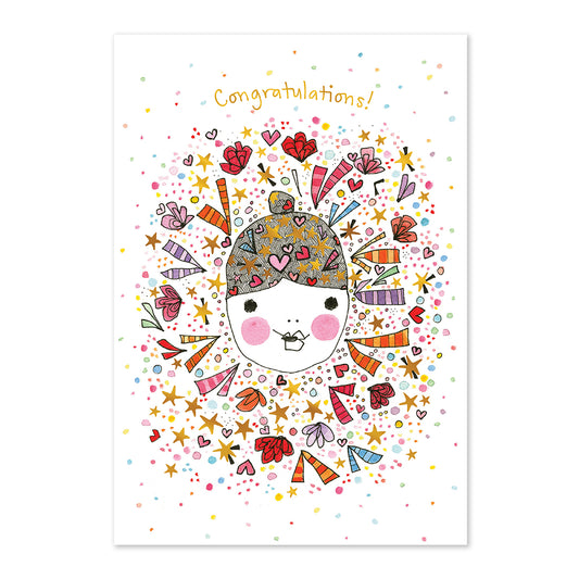 Colorful illustration of a character with decorative elements and 'Congratulations!' text on a white background