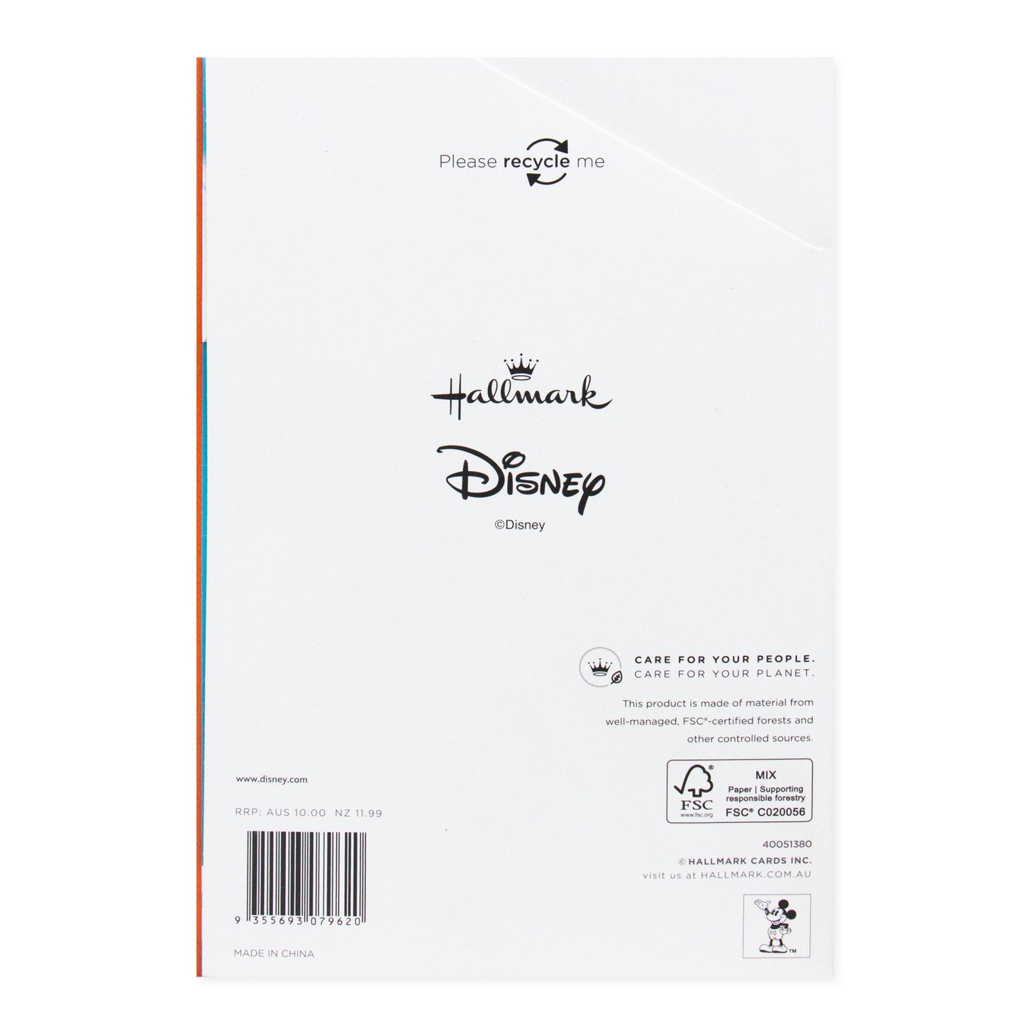Hallmark Disney Mother's Day Card For Wife - Mickey Mouse & Minnie Mouse back view showing care instructions and recycling information.