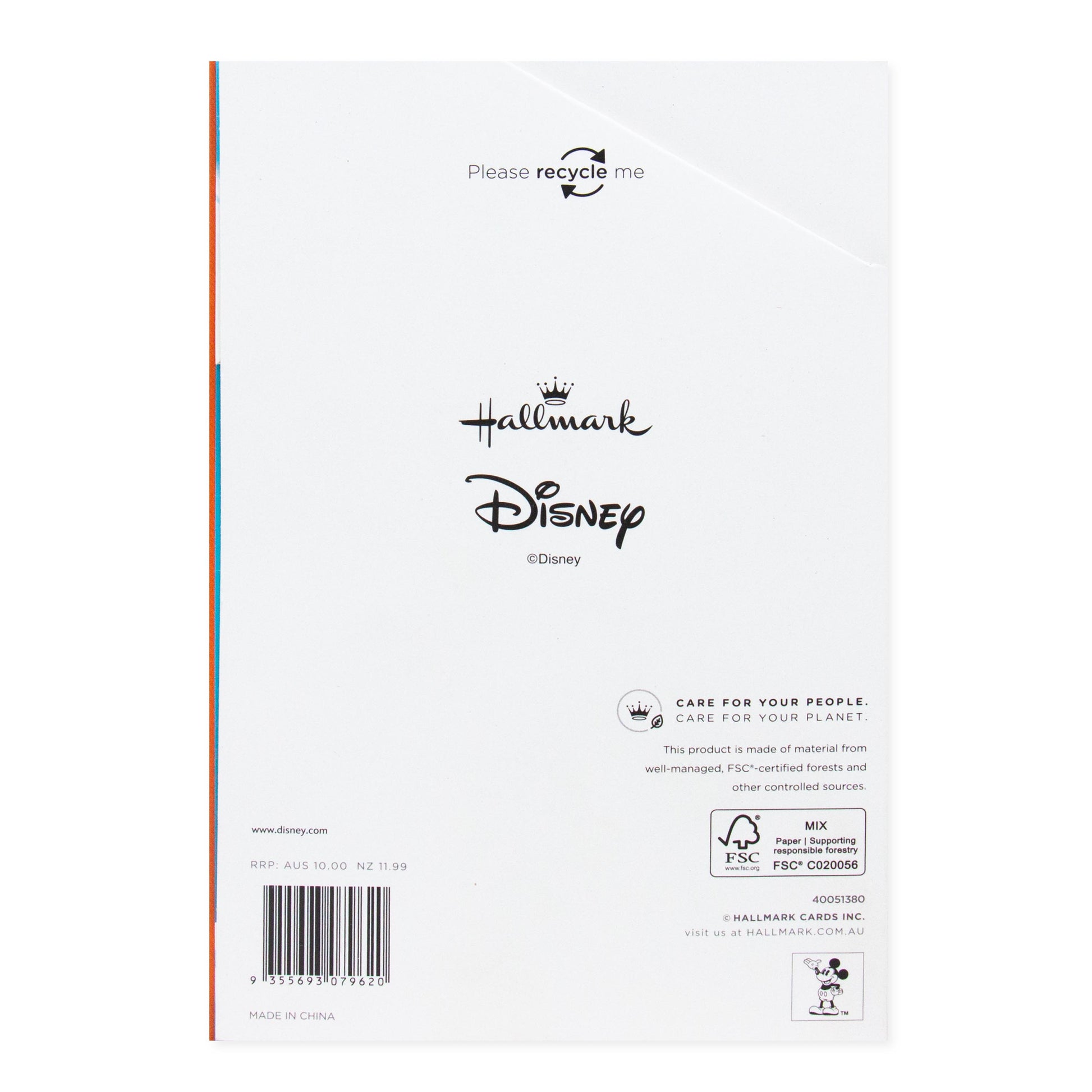 Hallmark Disney Mother's Day Card For Wife - Mickey Mouse & Minnie Mouse back view showing care instructions and recycling information.