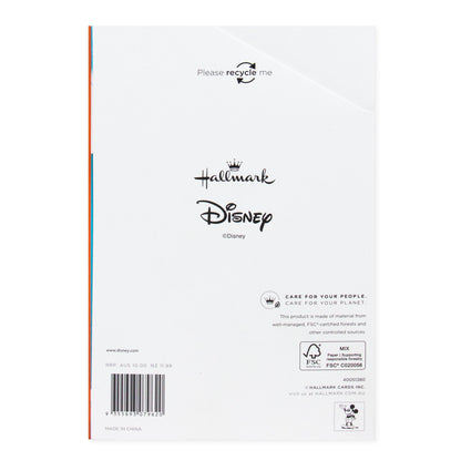 Hallmark Disney Mother's Day Card For Wife - Mickey Mouse & Minnie Mouse back view showing care instructions and recycling information.
