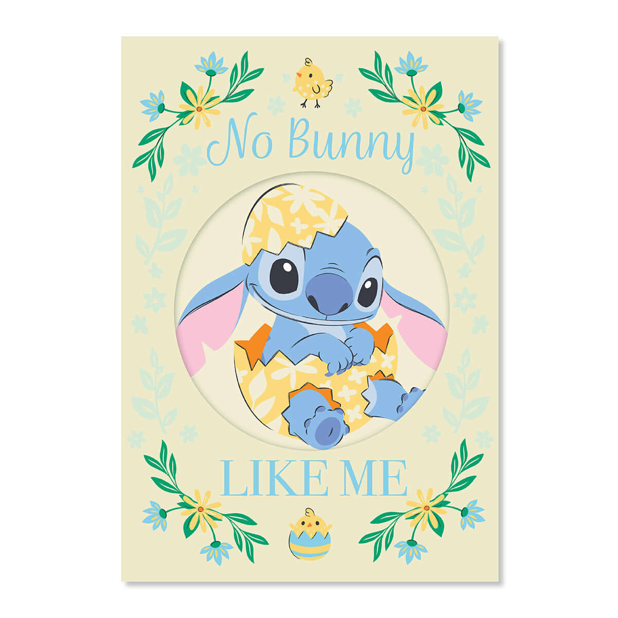 Hallmark Disney Stitch Easter Card - No Bunny Like Me with Stitch in an Easter egg and floral border design.