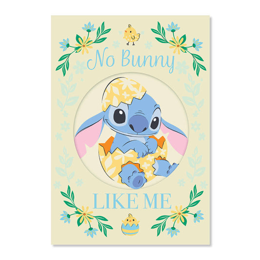 Hallmark Disney Stitch Easter Card - No Bunny Like Me with Stitch in an Easter egg and floral border design.