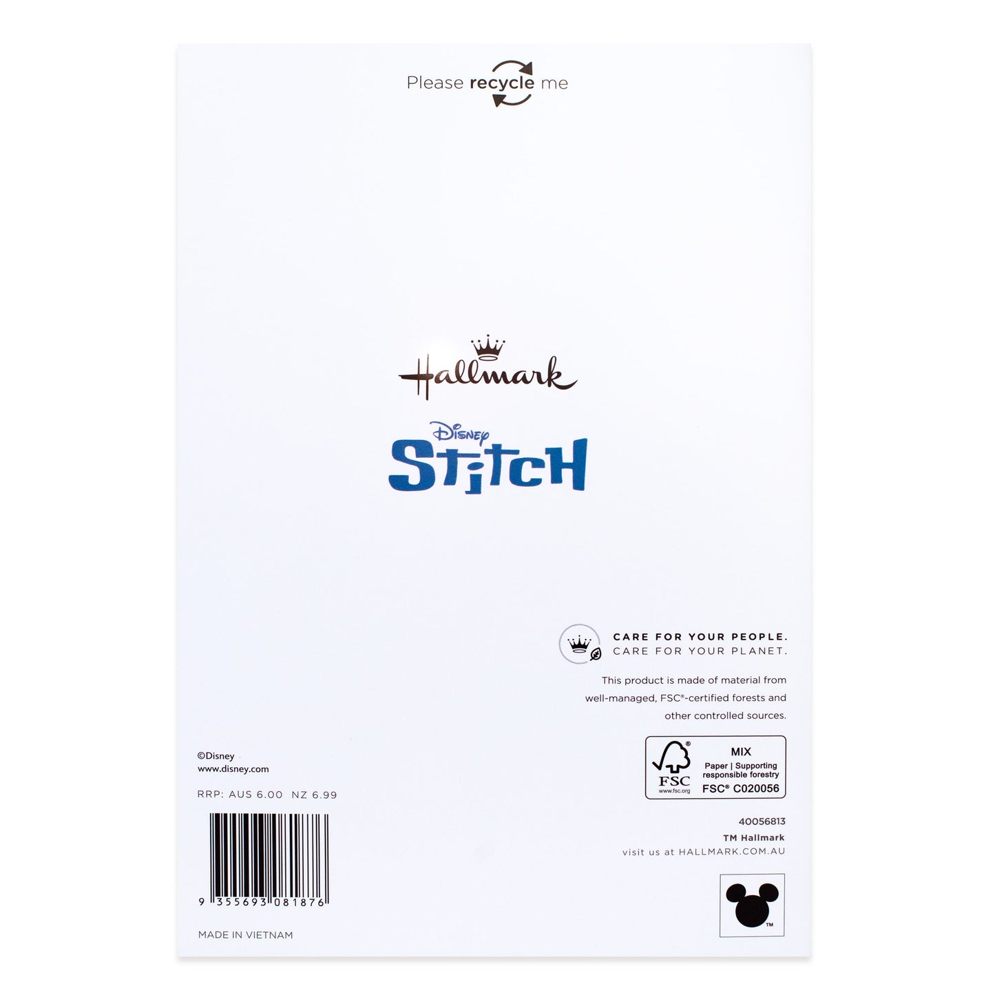 Hallmark Disney Stitch Father's Day card - Stitch Knows Best back view showcasing recycling message and branding details.