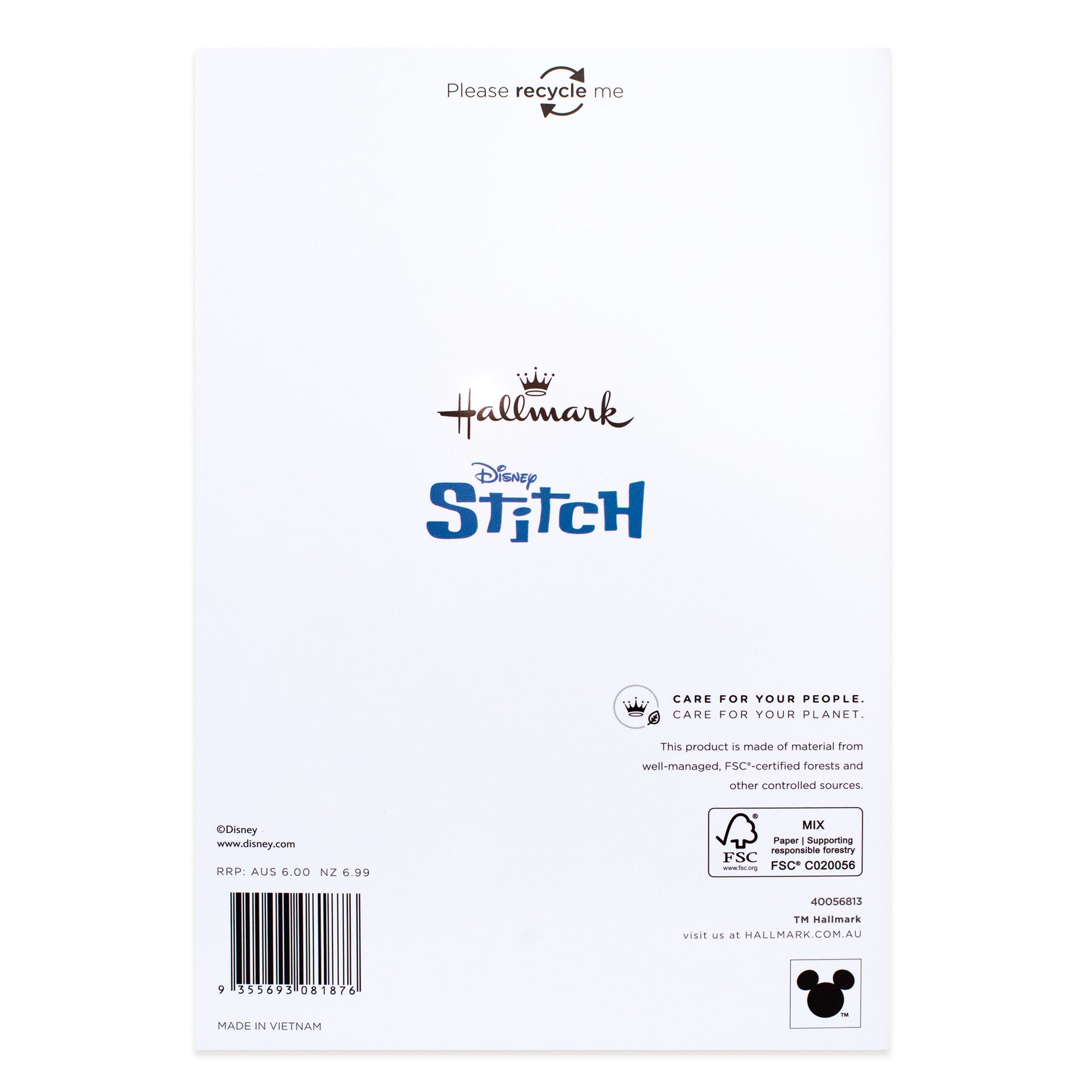 Hallmark Disney Stitch Father's Day card - Stitch Knows Best back view showcasing recycling message and branding details.