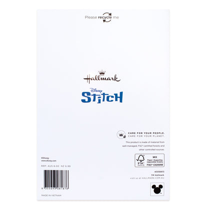 Hallmark Disney Stitch Father's Day card - Stitch Knows Best back view showcasing recycling message and branding details.