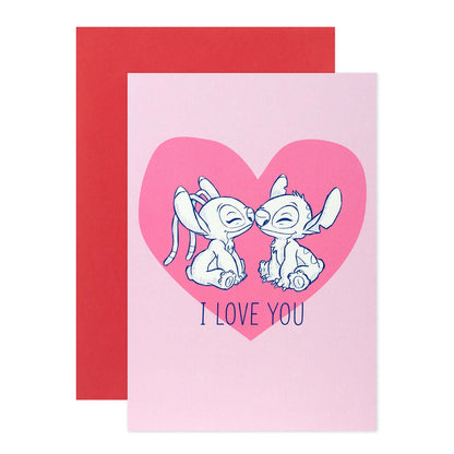 Hallmark x Disney Stitch Valentine's Day Card - Stitch & Angel with illustration of Stitch and Angel in a heart and red envelope.