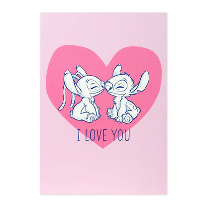 Hallmark x Disney Stitch Valentine's Day Card - Stitch & Angel, illustration of Stitch and Angel in a heart on pink background