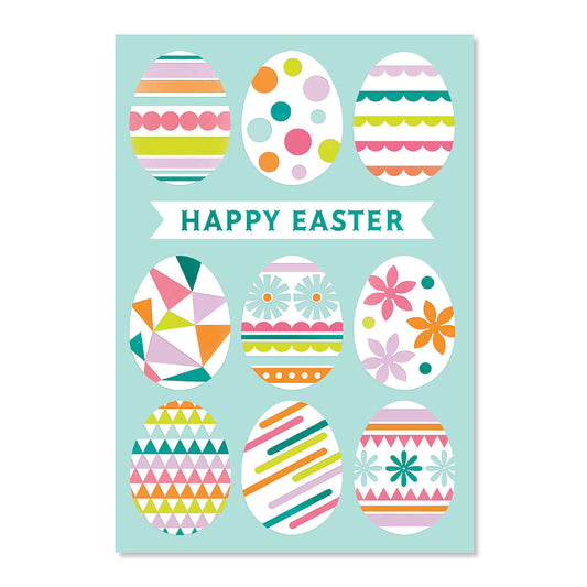 Colorful Easter egg designs on a light blue background with 'Happy Easter' text.