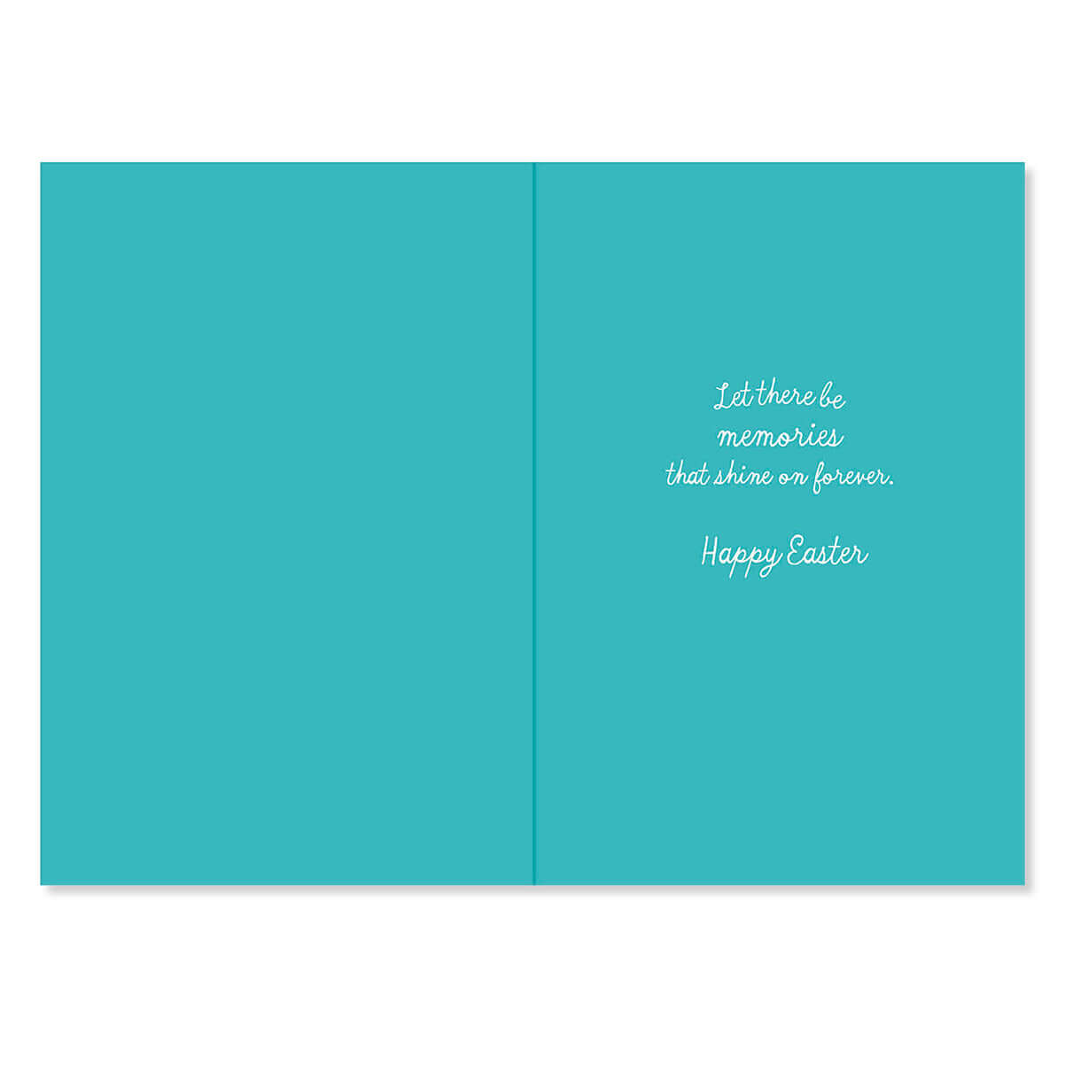 Hallmark Easter Card - Memories That Shine, opened view featuring a turquoise interior with elegant text, perfect for sharing heartfelt wishes.