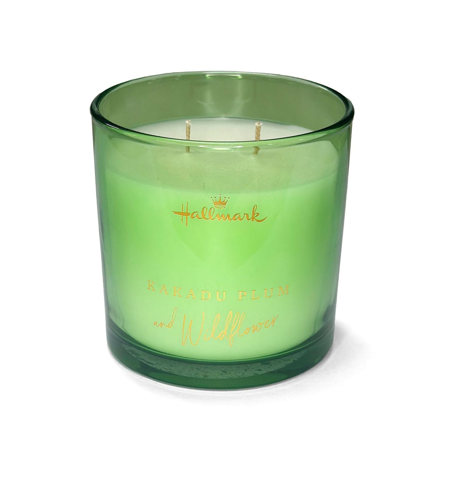 Hallmark Essential Oil Australian Soy Wax Candle - Kakadu Plum & Wildflower in a green glass jar, showcasing its dual wicks and vibrant colour.