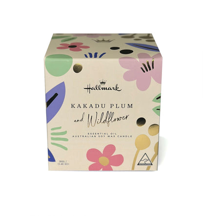 Hallmark Essential Oil Australian Soy Wax Candle - Kakadu Plum & Wildflower packaging design featuring vibrant floral patterns and gold accents.