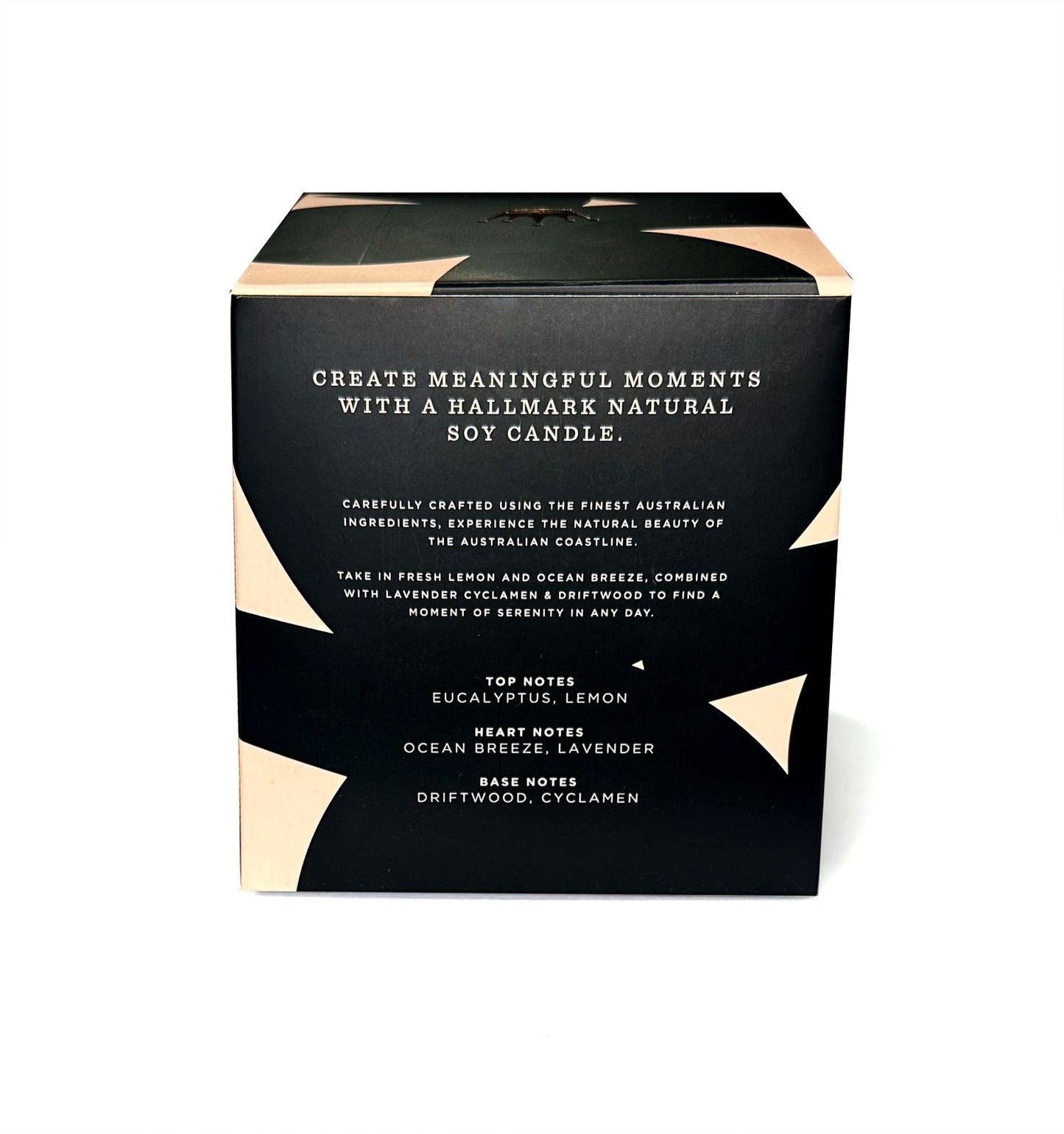 Hallmark Essential Oil Australian Soy Wax Candle - Sea Salt & Driftwood packaging with fragrance notes and design details.