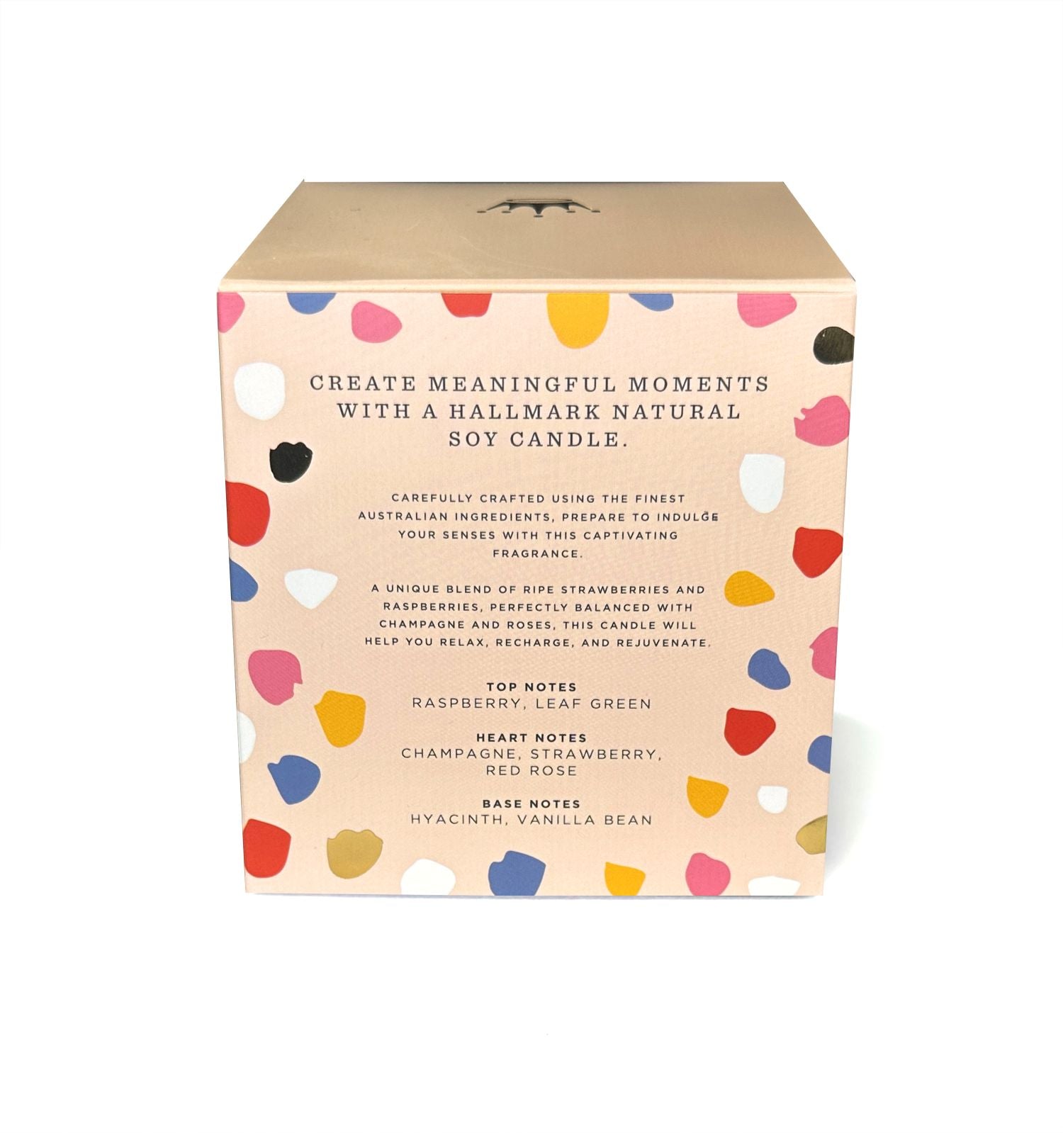 Hallmark Essential Oil Australian Soy Wax Candle - Fresh Strawberries & Champagne in colourful gift packaging, featuring fragrance notes.