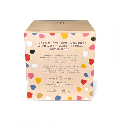 Hallmark Essential Oil Australian Soy Wax Candle - Fresh Strawberries & Champagne in colourful gift packaging, featuring fragrance notes.