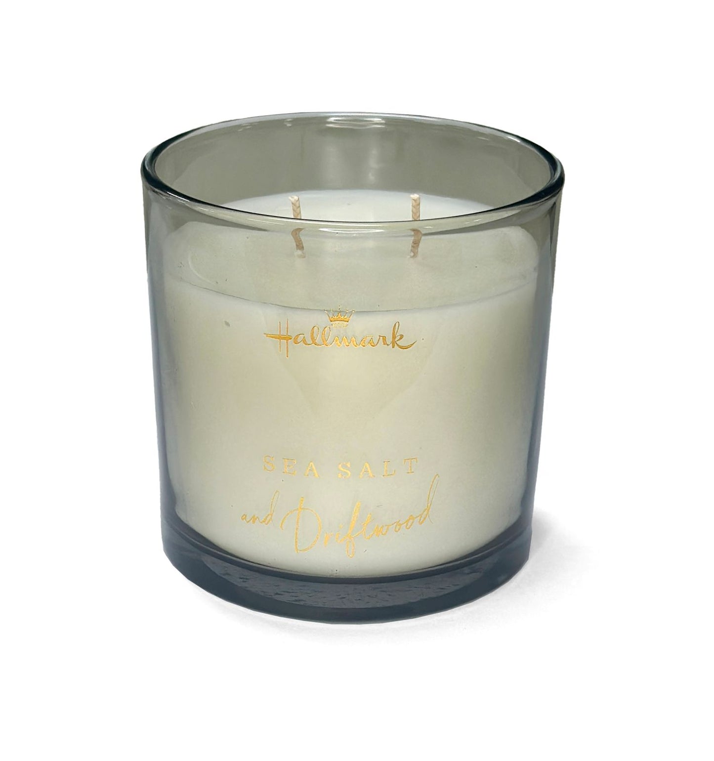 Hallmark Essential Oil Australian Soy Wax Candle - Sea Salt & Driftwood in a grey glass container with dual wicks for even burning.