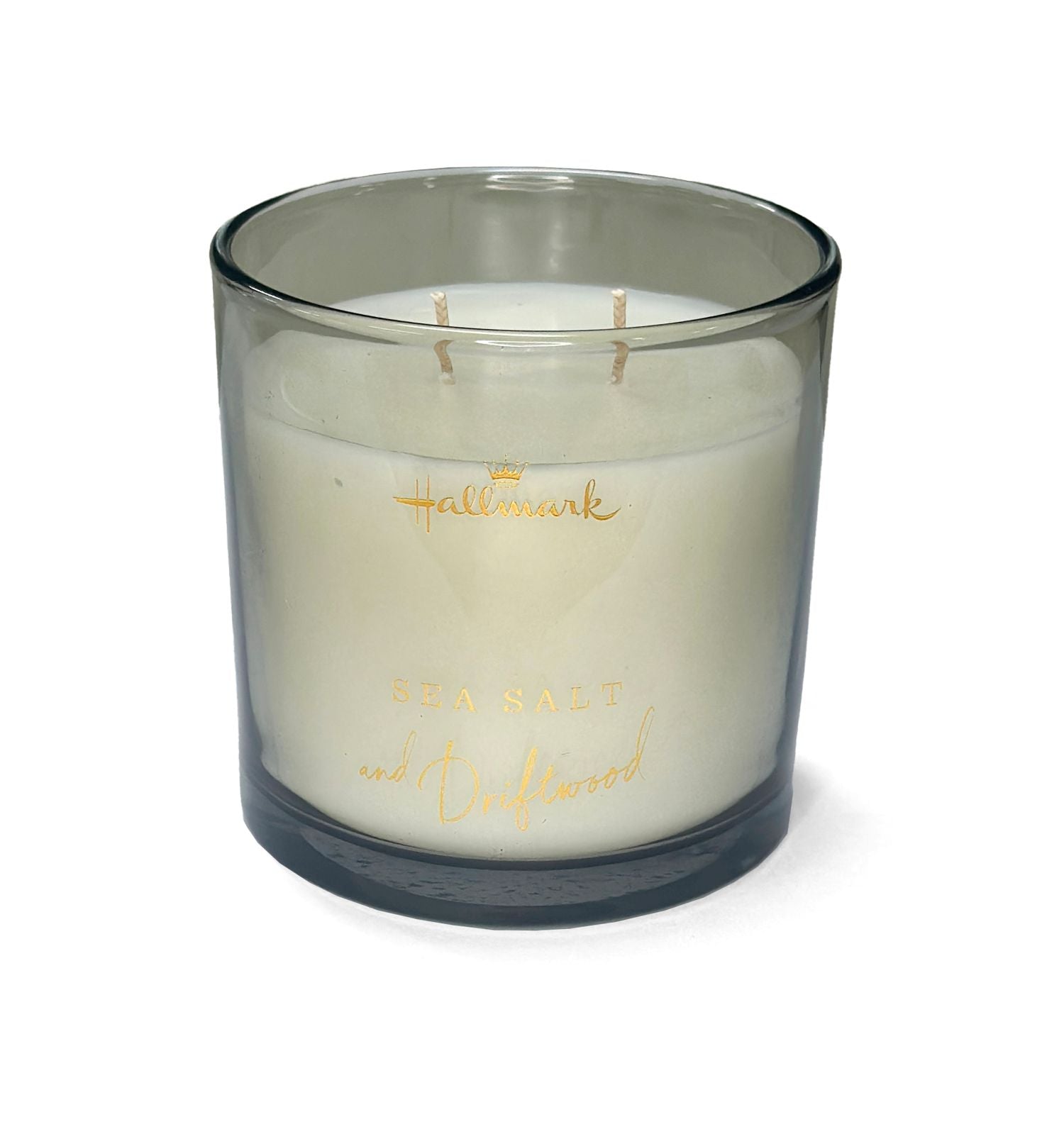 Hallmark Essential Oil Australian Soy Wax Candle - Sea Salt & Driftwood in a grey glass container with dual wicks for even burning.