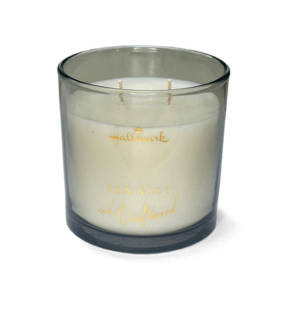 Hallmark Essential Oil Australian Soy Wax Candle - Sea Salt & Driftwood in a grey glass container with dual wicks for even burning.